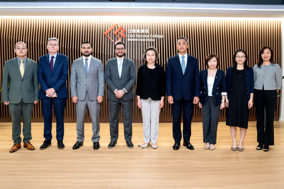The Secretary for the Civil Service, Mrs Ingrid Yeung (centre), accompanied by the Head of the Civil Service College, Mr Oscar Kwok (fourth right), welcomed a delegation led by His Excellency Dr Mohammed Ibrahim Al Dhaheri, Deputy Director General of the Anwar Gargash Diplomatic Academy (AGDA) (fourth left). The visit marks the first by UAE delegates to the Civil Service College. The delegation also includes His Excellency Shaikh Saoud Ali Almualla, the Consul General of the United Arab Emirates in Hong Kong (third left), alongside other representatives from AGDA and the Consulate.